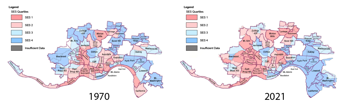 SES Quartiles for Cincinnati Census Tracts in 1970 and 2021 with Neighborhood Overlay
