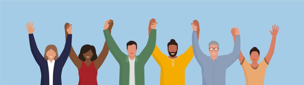 Illustration of people with clasped and raised hands