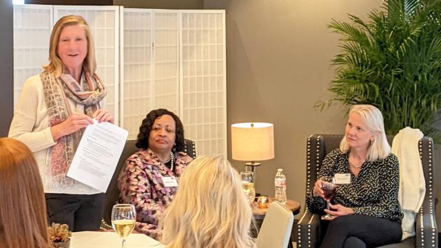 Moira Weir, President/CEO of United Way of Greater Cincinnati, speaks during the Women of Tocqueville's Compelling Conversations event on May 23, 2022.
