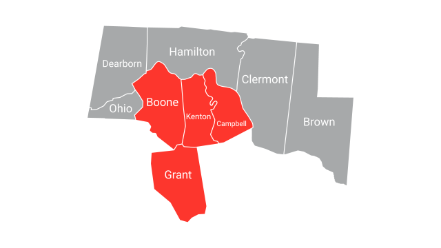 Map of United Way of Greater Cincinnati service area with Boone, Campbell, Grant and Kenton counties highlighted