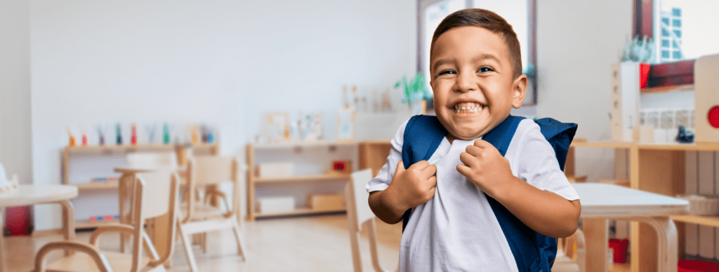 A child wearing a backpack